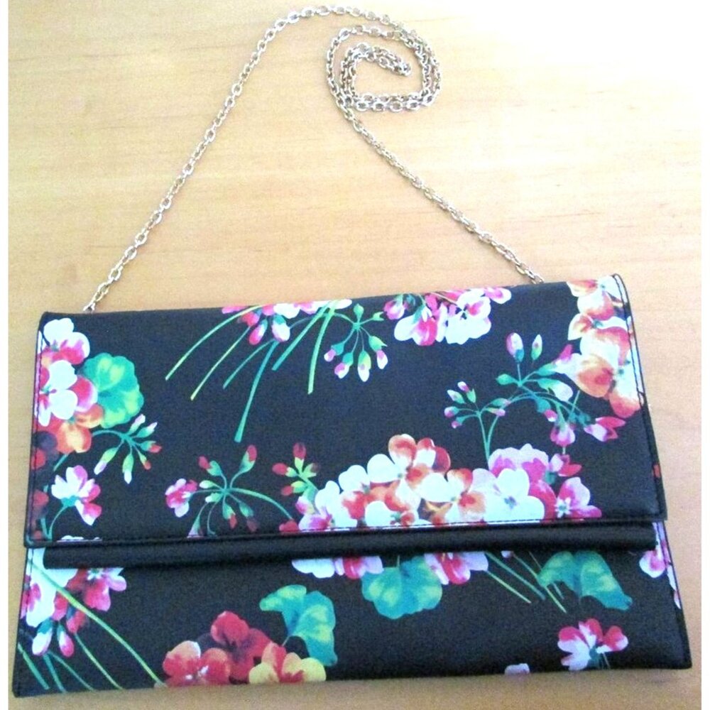 Floral Black Pink Clutch Handbag Crossbody Purse Gold Chain Strap Shopping Bag
